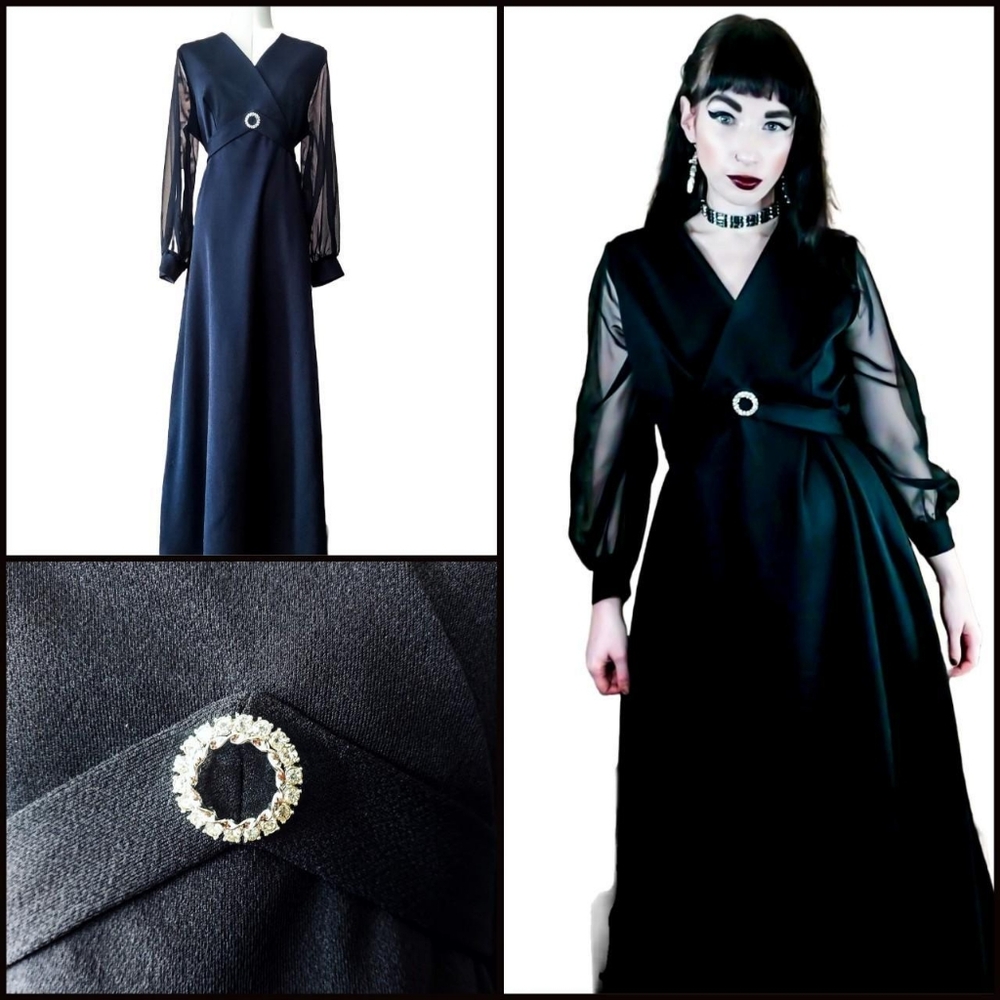Vintage 1970s Sheer Bishop Sleeve Empire Waist Rhinestone Prom Maxi Dress